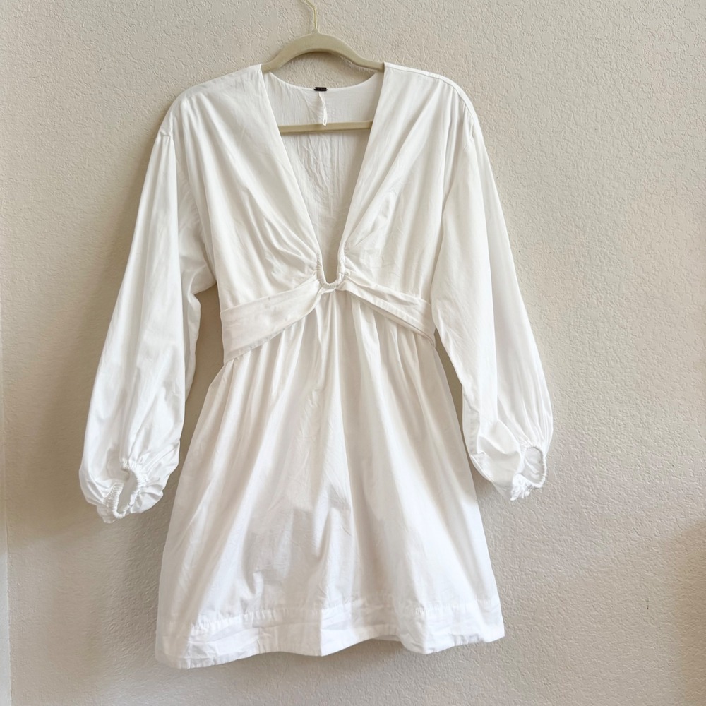 Free People White Cotton Deep V-Neck Lantern Sleeve Mini Dress XS